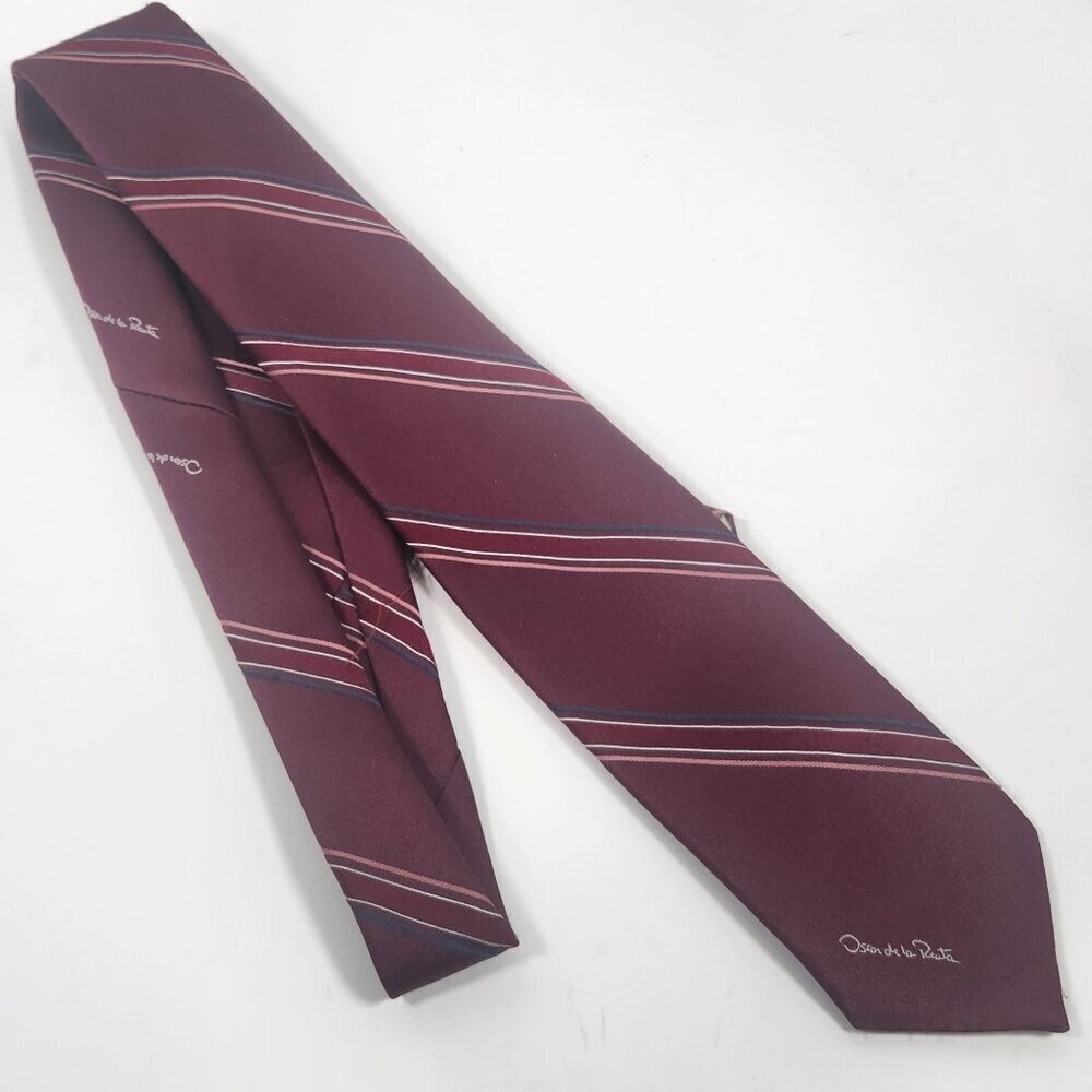 Oscar de la Renta Men's Silk + Poly Tie Necktie Burgundy Striped